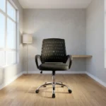 Mid-back strong mesh office chair featuring a patterned black mesh backrest, contoured padded fabric seat, curved armrests, and a polished chrome swivel base.