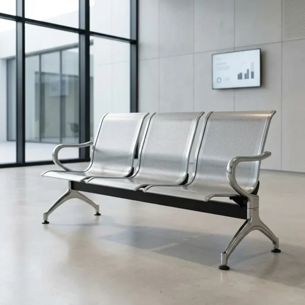 3-seater steel waiting bench constructed from heavy-duty polished stainless steel, featuring three connected contoured seats with breathable perforated backrests and seat pans, curved steel armrests on both ends, and a robust horizontal support beam anchored by flared, arched legs with adjustable leveling feet.