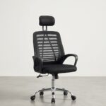 Black mesh adjustable staff chair with a padded headrest, ergonomic lumbar frame, curved armrests, and a chrome 5-star swivel base.