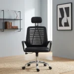 Black mesh adjustable staff chair with a padded headrest, ergonomic lumbar frame, curved armrests, and a chrome 5-star swivel base.