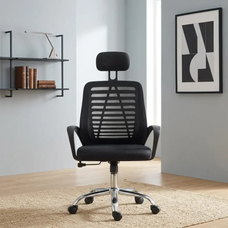 Black mesh adjustable staff chair with a padded headrest, ergonomic lumbar frame, curved armrests, and a chrome 5-star swivel base.