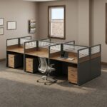 6-way modular workstation featuring a back-to-back desk layout with natural wood-grain desktops, charcoal gray lower privacy panels, and horizontal-slatted frosted glass upper partition screens, complete with under-desk three-drawer mobile filing pedestals.