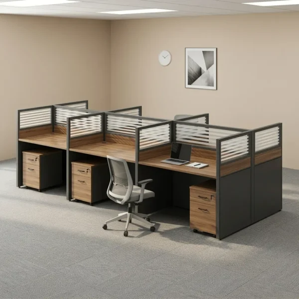 6-way modular workstation featuring a back-to-back desk layout with natural wood-grain desktops, charcoal gray lower privacy panels, and horizontal-slatted frosted glass upper partition screens, complete with under-desk three-drawer mobile filing pedestals.