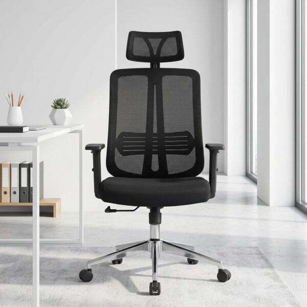 Black mesh high-back adjustable ergonomic office chair featuring a matching mesh headrest, built-in lumbar support, and a chrome 5-star swivel base.
