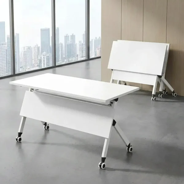 White 1.2m foldable training table with a flip-top nesting mechanism, integrated modesty panel, and locking caster wheels.