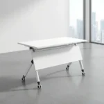 White 1.2m foldable training table with a flip-top nesting mechanism, integrated modesty panel, and locking caster wheels.