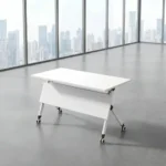 White 1.2m foldable training table with a flip-top nesting mechanism, integrated modesty panel, and locking caster wheels.