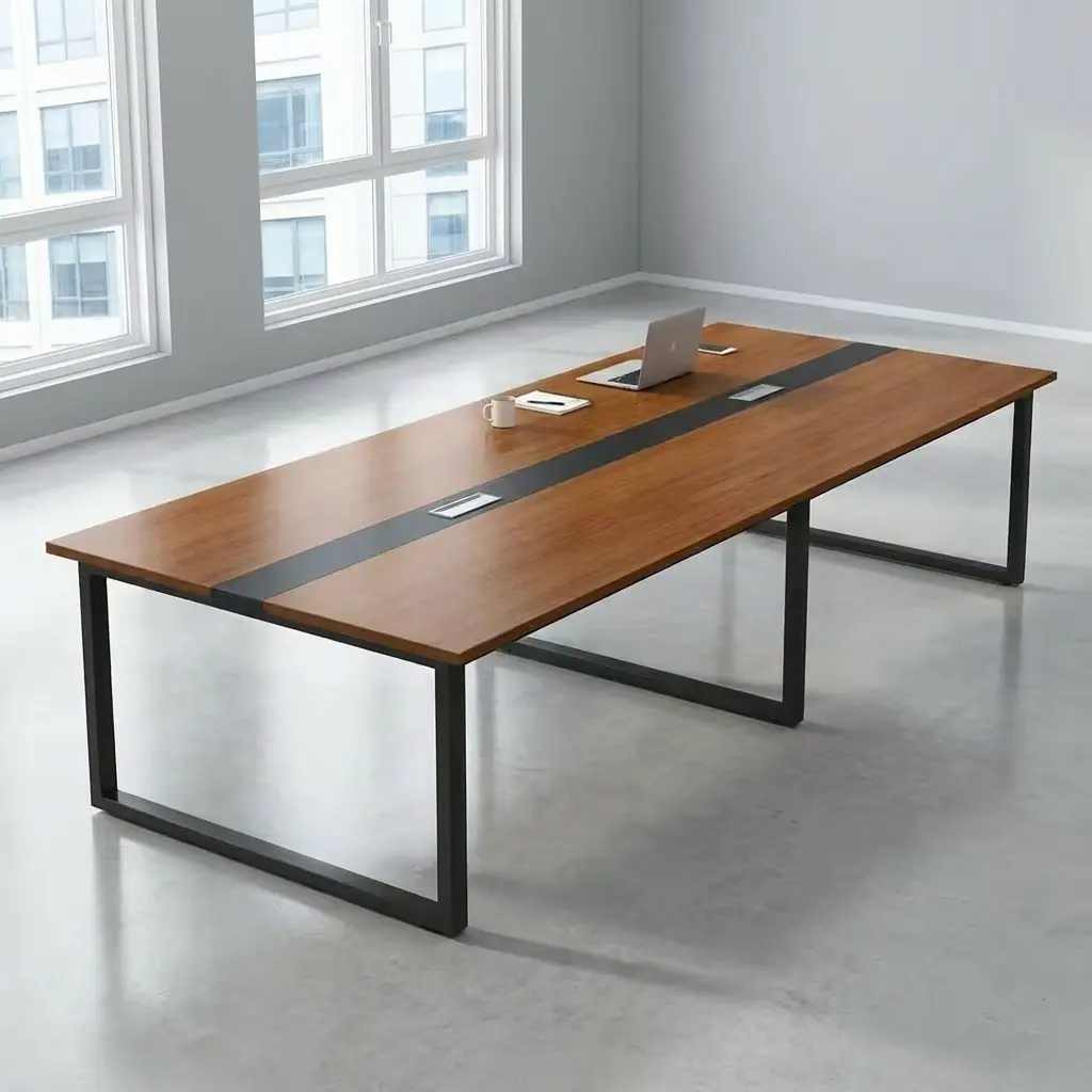 12-seater boardroom table featuring a long rectangular tabletop finished in a warm teak wood grain veneer, styled with a contrasting black running center stripe that houses two silver flip-top cable management grommets, all supported by a heavy-duty industrial matte black metal sled base. 12-seater boardroom table featuring a long rectangular tabletop finished in a warm teak wood grain veneer, styled with a contrasting black running center stripe that houses two silver flip-top cable management grommets, all supported by a heavy-duty industrial matte black metal sled base.