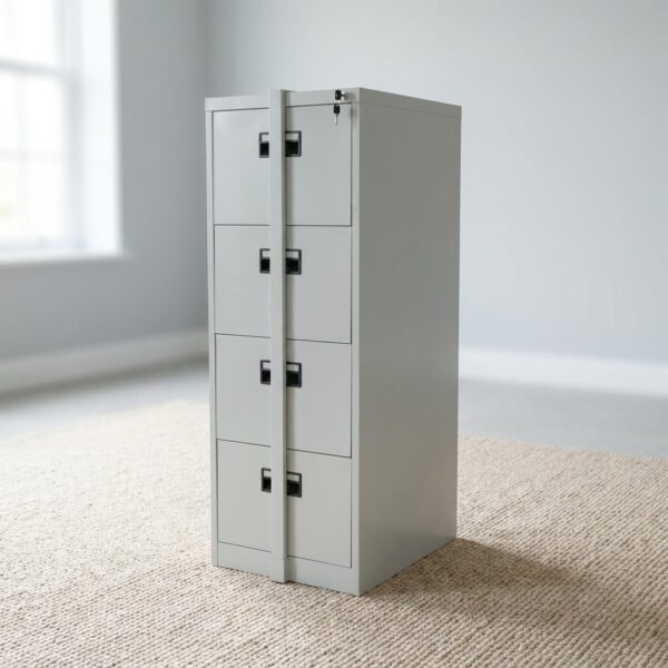 Light grey steel 4 drawer file cabinet with a vertical locking bar mechanism and central key lock.