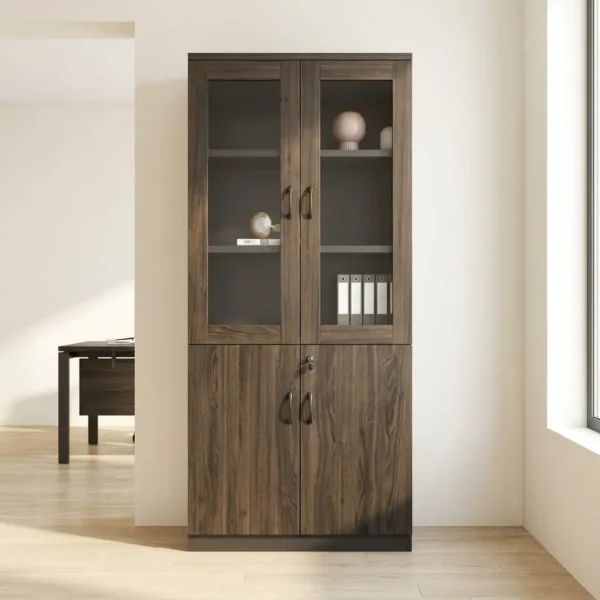 2-door wooden filing cabinet featuring a tall structure with a muted brown wood grain finish, designed with an upper display section with dual glass-paneled swing doors enclosing interior shelves, and a lower base cupboard with twin solid wood doors equipped with a central key lock, all accented by slim vertical dark metal handles.
