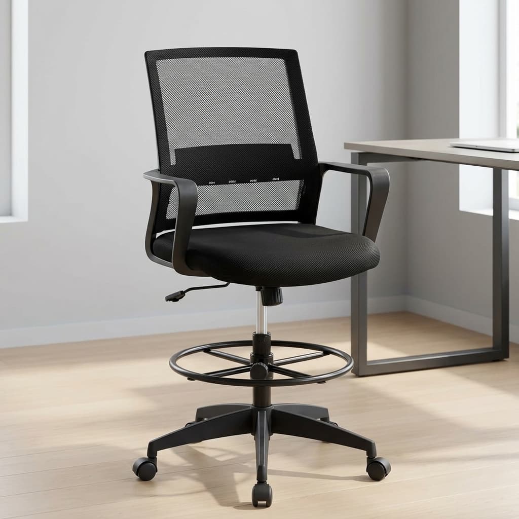Black mesh adjustable cashier drafting chair featuring an integrated height adjustable foot ring, fixed armrests, and 5-star wheeled base.