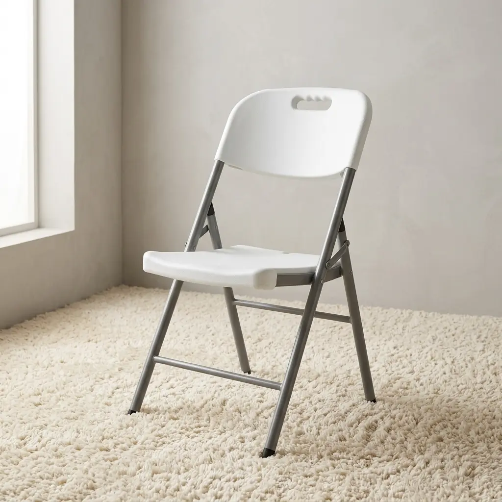 White foldable chair featuring a contoured molded white plastic seat and a matching backrest with an integrated cutout carrying handle, supported by a heavy-duty silver powder-coated tubular steel folding frame with black protective non-marring foot caps. White foldable chair featuring a contoured molded white plastic seat and a matching backrest with an integrated cutout carrying handle, supported by a heavy-duty silver powder-coated tubular steel folding frame with black protective non-marring foot caps.