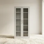 Light grey steel filing cabinet featuring full length double glass doors, adjustable shelves, and a central locking mechanism.