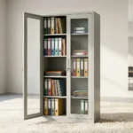 Light grey steel filing cabinet featuring full length double glass doors, adjustable shelves, and a central locking mechanism.