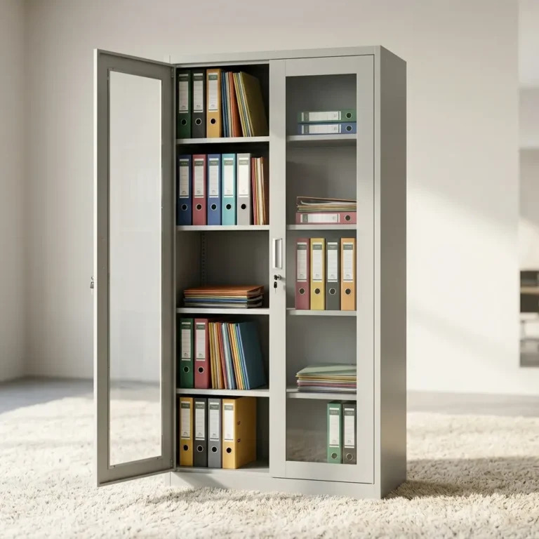 Light grey steel filing cabinet featuring full length double glass doors, adjustable shelves, and a central locking mechanism.