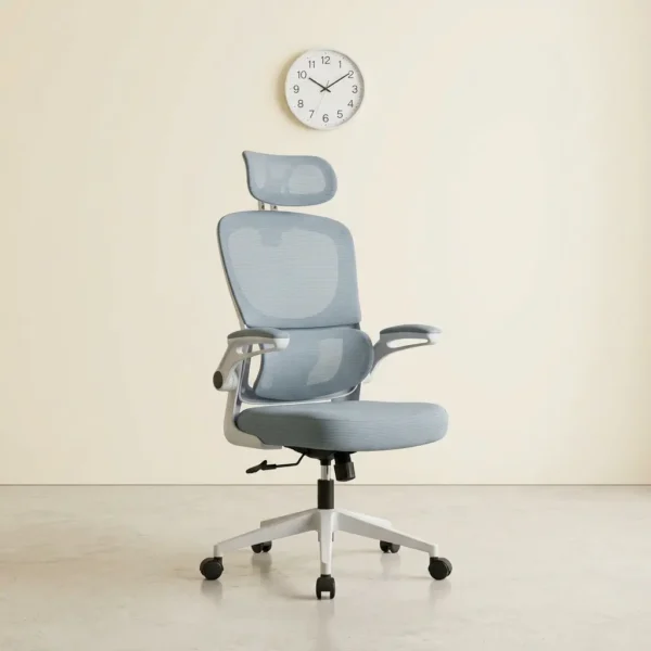 Light blue high-back executive ergonomic office chair with a mesh backrest, matching headrest, flip-up armrests, and a white 5-star swivel base.