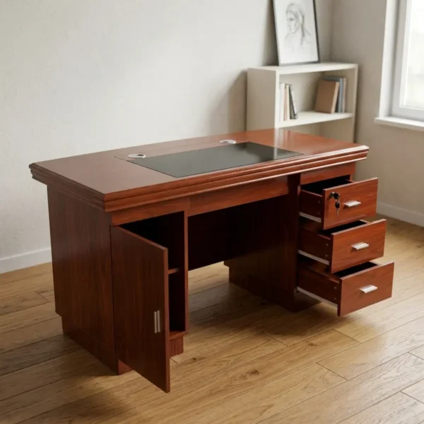 Mahogany 120cm executive office table with a built-in black writing pad, integrated dual cable grommets, three locking drawers, and a side storage cabinet.