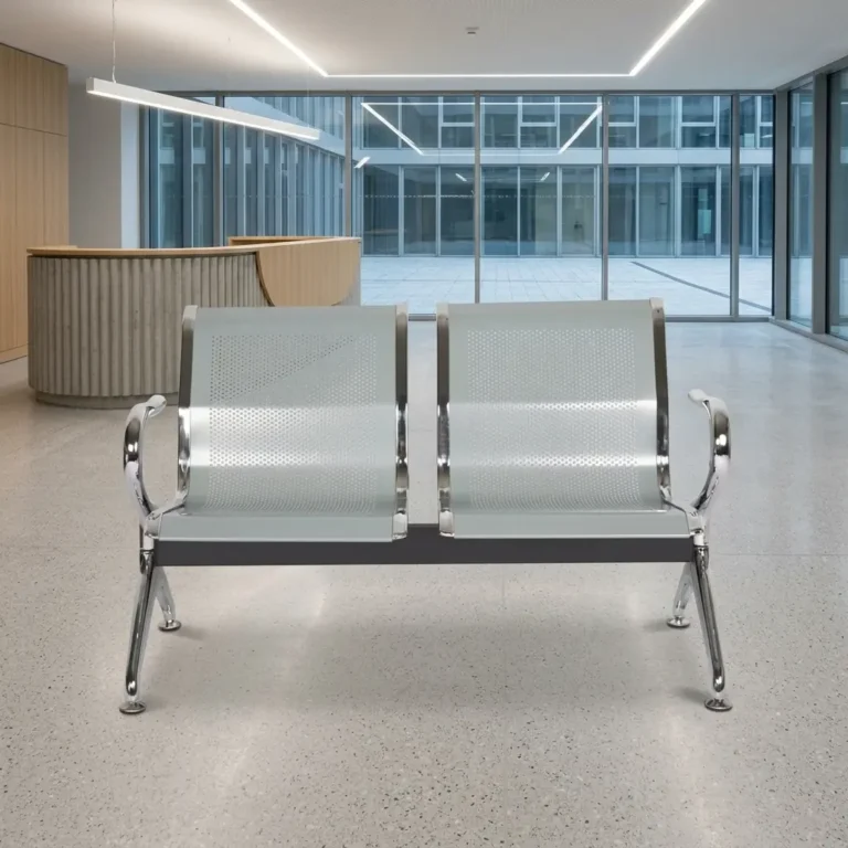 Silver 2-seater steel waiting bench with perforated metal seats, curved chrome armrests, and a heavy-duty beam frame.
