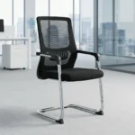 Black mesh office waiting chair with chrome cantilever sled base, fixed armrests, and padded fabric seat.
