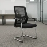 Black mesh office waiting chair with chrome cantilever sled base, fixed armrests, and padded fabric seat.