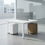 White 2-way modular workstation desk with a center gray privacy screen and two under-desk mobile filing cabinets.