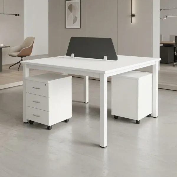 White 2-way modular workstation desk with a center gray privacy screen and two under-desk mobile filing cabinets.