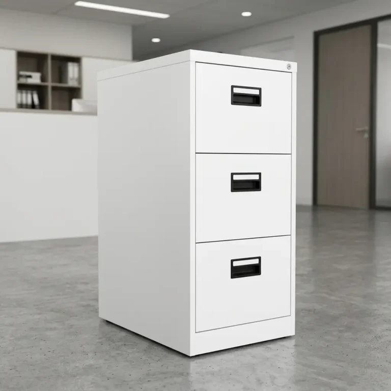 White steel 3-drawer filing cabinet with black recessed handles and a central key lock system.