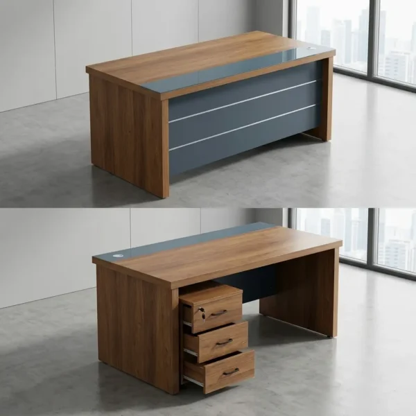Modern teak 160cm executive office desk featuring a grey front modesty panel with silver accents, a desktop cable grommet, and a matching mobile 3-drawer locking file cabinet.