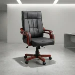Bliss black leather high-back executive office chair with paneled stitching, curved cherry wood armrests, and a matching wood-capped 5-star swivel base.