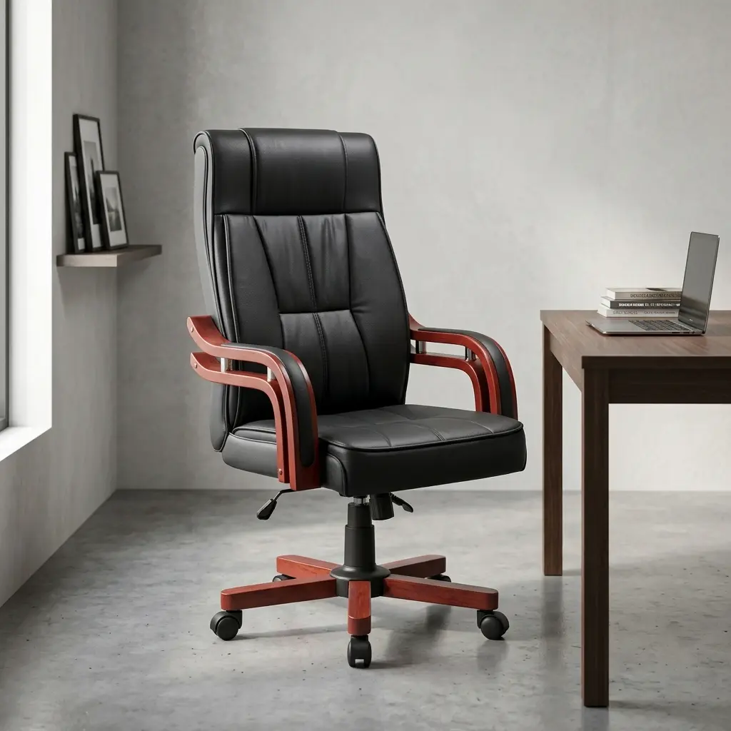 Bliss black leather high-back executive office chair with paneled stitching, curved cherry wood armrests, and a matching wood-capped 5-star swivel base.