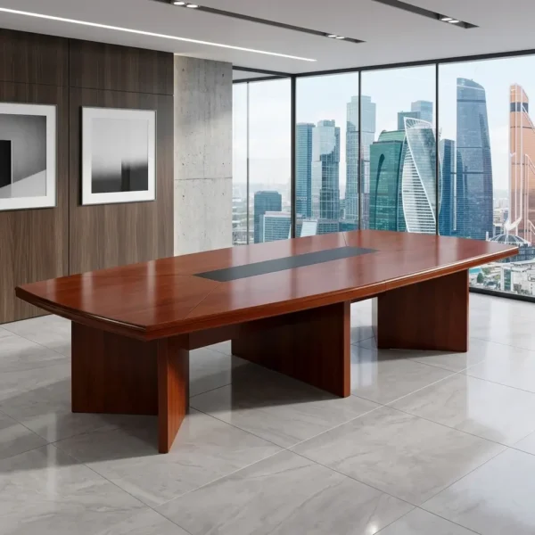 Mahogany cherry wood 3.0m boardroom table featuring a boat-shaped tabletop, a long black center inlay, and heavy-duty slab panel base legs.