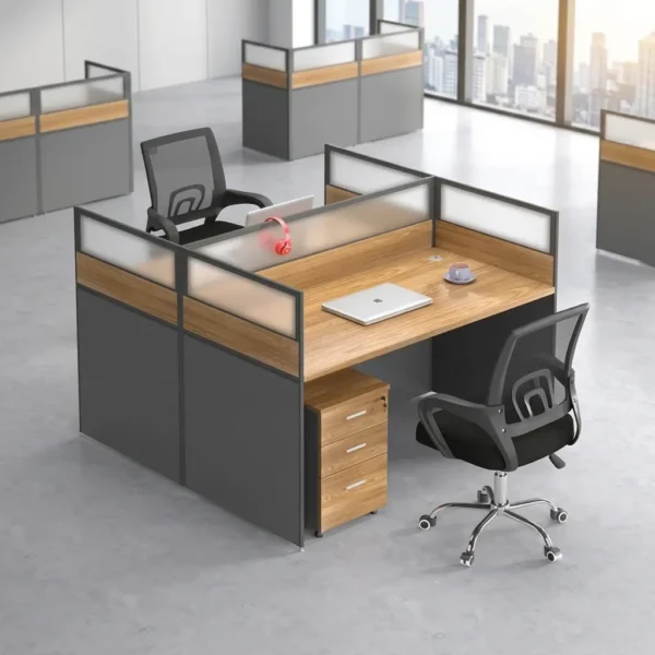 2 way office workstation arranged in a face-to-face configuration, featuring natural wood grain tabletops enclosed by charcoal gray privacy partition panels topped with frosted glass dividers, paired with a matching under-desk three-drawer mobile filing cabinet with lock.