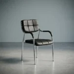Stackable catalina waiting chair featuring a low-profile square backrest and matching seat cushion upholstered in grid-tufted black faux leather, integrated curved black padded armcaps, and a four-legged stackable polished chrome tubular steel frame.