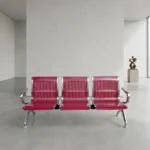 3 link steel waiting bench featuring three connected contoured seats made of perforated metal finished in a vibrant magenta pink gloss powder coating, bordered by polished chrome trim, and supported by heavy-duty arched chrome armrests and matching flared steel legs with adjustable levelling glides.