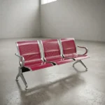 3 link steel waiting bench featuring three connected contoured seats made of perforated metal finished in a vibrant magenta pink gloss powder coating, bordered by polished chrome trim, and supported by heavy-duty arched chrome armrests and matching flared steel legs with adjustable levelling glides.