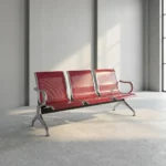 3 link steel waiting bench featuring three connected contoured seats made of perforated metal finished in a vibrant magenta pink gloss powder coating, bordered by polished chrome trim, and supported by heavy-duty arched chrome armrests and matching flared steel legs with adjustable levelling glides.