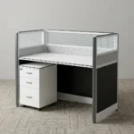 1-Way Office Workstation featuring a solid white desktop paired with a matching white under-desk three-drawer mobile filing cabinet with a key lock, enclosed by modern charcoal gray framed privacy partition panels decorated with a textured geometric pattern and topped with clear glass dividers.