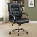 Black leather swivel chair designed with a padded high-back backrest featuring a tufted center panel, upholstered in smooth black faux leather, equipped with curved chrome armrests with matching black arm pads, a pneumatic height-adjustment lever, and a polished chrome five-star swivel base on dual-wheel casters.