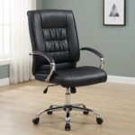 Black leather swivel chair designed with a padded high-back backrest featuring a tufted center panel, upholstered in smooth black faux leather, equipped with curved chrome armrests with matching black arm pads, a pneumatic height-adjustment lever, and a polished chrome five-star swivel base on dual-wheel casters.