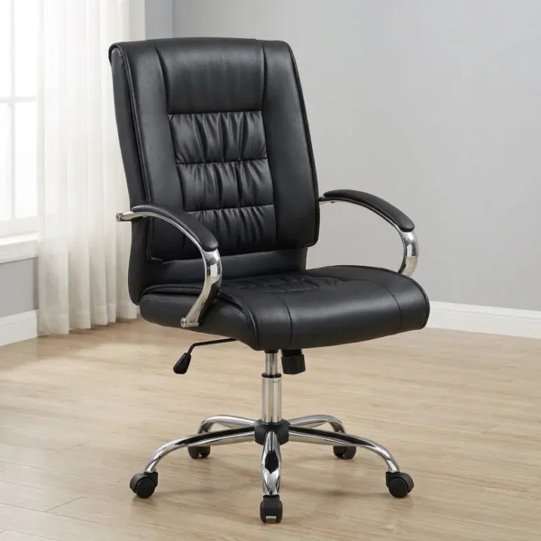 Black leather swivel chair designed with a padded high-back backrest featuring a tufted center panel, upholstered in smooth black faux leather, equipped with curved chrome armrests with matching black arm pads, a pneumatic height-adjustment lever, and a polished chrome five-star swivel base on dual-wheel casters.