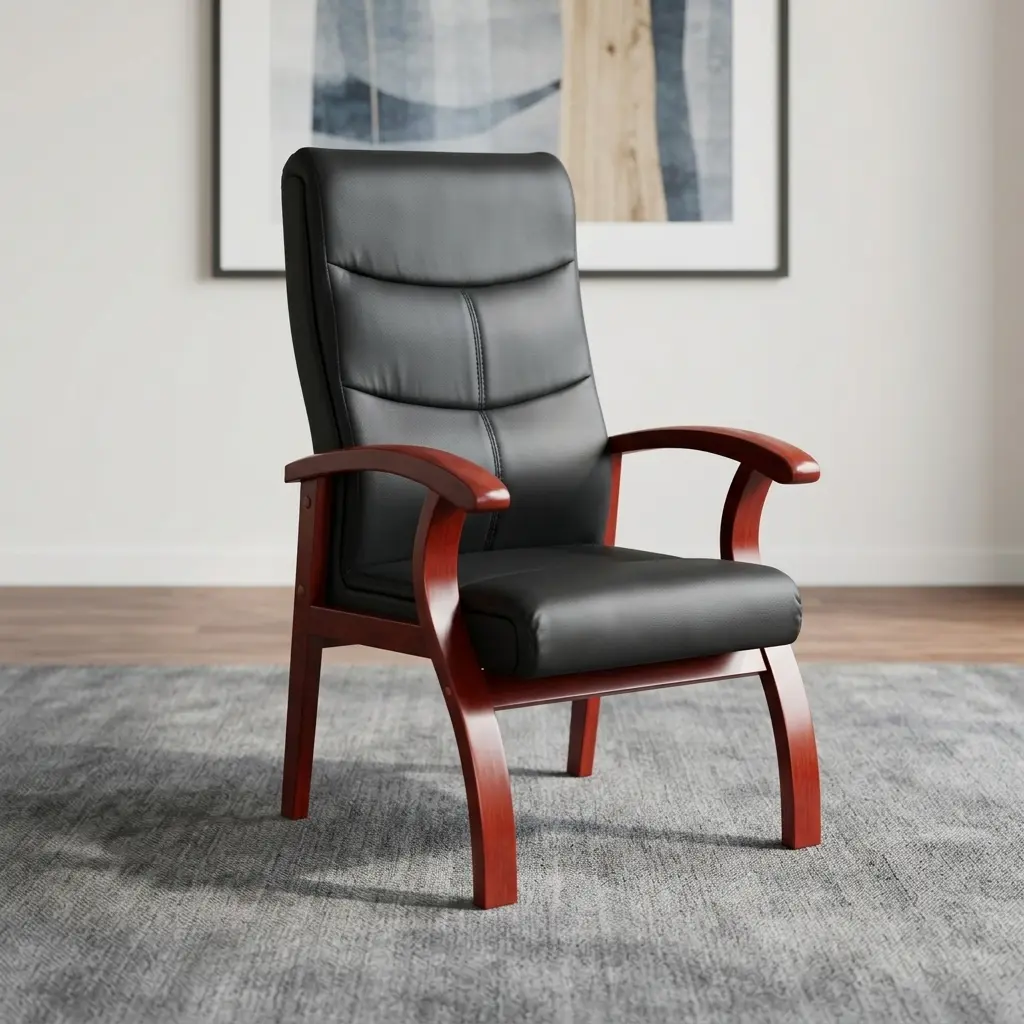 High back executive waiting chair featuring a contoured high-back backrest and seat cushion upholstered in smooth black faux leather with subtle horizontal stitching, integrated into a premium solid wood frame with curved cherry-finished armrests and elegant, sweeping four-legged arch supports.