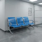 Blue reception waiting bench featuring three connected contoured seats made of perforated metal finished in a vibrant royal blue gloss powder coating, bordered by polished chrome trim, and supported by heavy-duty arched chrome armrests and matching flared steel legs with adjustable levelling glides.