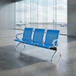 Blue reception waiting bench featuring three connected contoured seats made of perforated metal finished in a vibrant royal blue gloss powder coating, bordered by polished chrome trim, and supported by heavy-duty arched chrome armrests and matching flared steel legs with adjustable levelling glides.