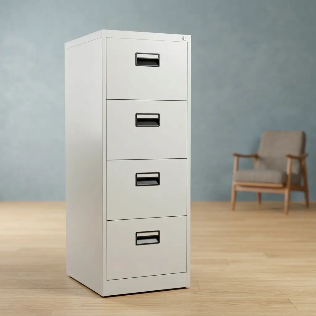 4 drawer steel filing cabinet featuring a tall vertical metal structure finished in a smooth, light gray powder coating, designed with four vertically stacked document storage drawers each equipped with an integrated black recessed handle pull, and topped with a discreet corner key-lock mechanism.