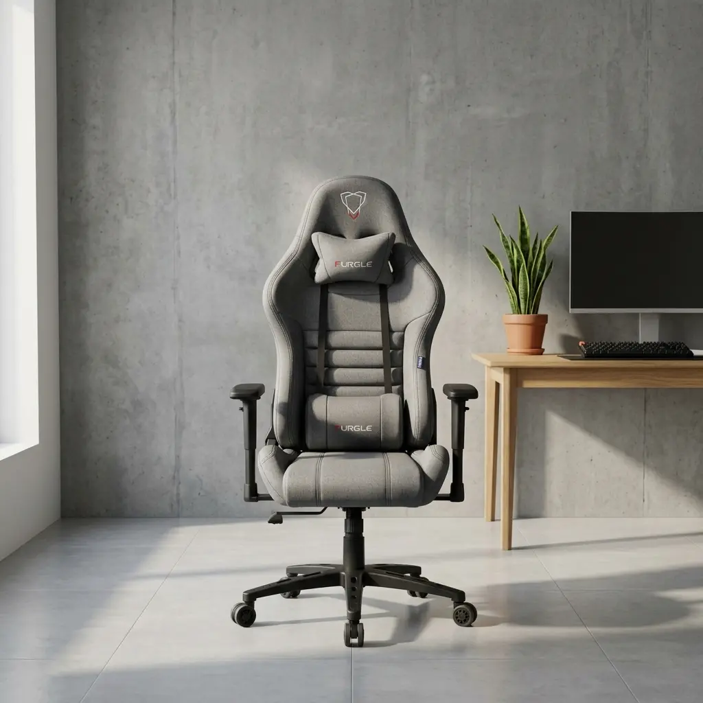 Gray fabric gaming chair shown from front, rear, and side angles, featuring a high-back ergonomic racing seat upholstered in light gray textured fabric, matching adjustable neck and lumbar support pillows with red "FURGLE" embroidery, black harness straps, adjustable T-shaped armrests, a side recline lever, and a matte black five-star swivel base on dual-wheel casters. Gray fabric gaming chair shown from front, rear, and side angles, featuring a high-back ergonomic racing seat upholstered in light gray textured fabric, matching adjustable neck and lumbar support pillows with red "FURGLE" embroidery, black harness straps, adjustable T-shaped armrests, a side recline lever, and a matte black five-star swivel base on dual-wheel casters.