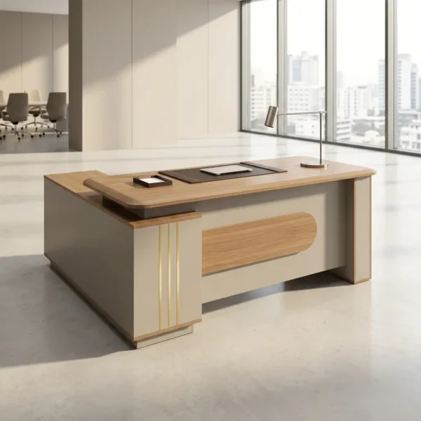 1.8m L-shaped executive desk featuring a natural light oak wood grain tabletop with rounded corners, integrated into a premium matte beige or champagne chassis, designed with a large built-in side return credenza, vertical gold metallic inlay accents on the front pedestal, and a matching oak wood center panel design on the front modesty board.