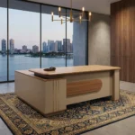 1.8m L-shaped executive desk featuring a natural light oak wood grain tabletop with rounded corners, integrated into a premium matte beige or champagne chassis, designed with a large built-in side return credenza, vertical gold metallic inlay accents on the front pedestal, and a matching oak wood center panel design on the front modesty board.