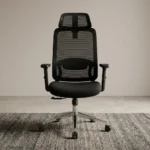Orthopedic high-back office seat featuring a breathable black mesh backrest with an integrated adjustable lumbar support pad, a contoured black fabric-padded seat cushion, an independent wide mesh headrest, adjustable T-shaped armrests, a pneumatic lift lever, and a polished chrome five-star swivel base equipped with dual-wheel casters.