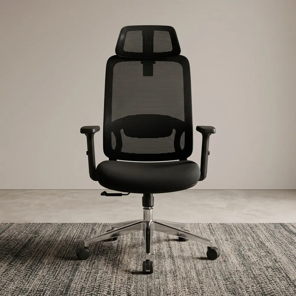 Orthopedic high-back office seat featuring a breathable black mesh backrest with an integrated adjustable lumbar support pad, a contoured black fabric-padded seat cushion, an independent wide mesh headrest, adjustable T-shaped armrests, a pneumatic lift lever, and a polished chrome five-star swivel base equipped with dual-wheel casters.
