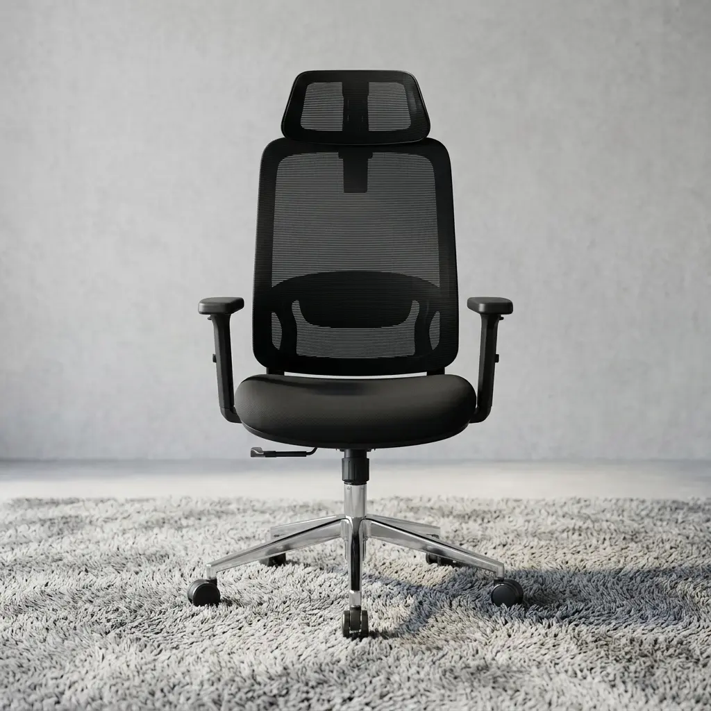 Ergonomic orthopedic swivel chair shown from front and rear perspectives, featuring a high backrest in breathable black mesh supported by a contoured polymer frame, an integrated adjustable lumbar support pad with a rear tuning dial, a wide mesh headrest, a thick black fabric-padded seat cushion, adjustable T-shaped armrests, and a polished chrome five-star swivel base with dual-wheel casters.